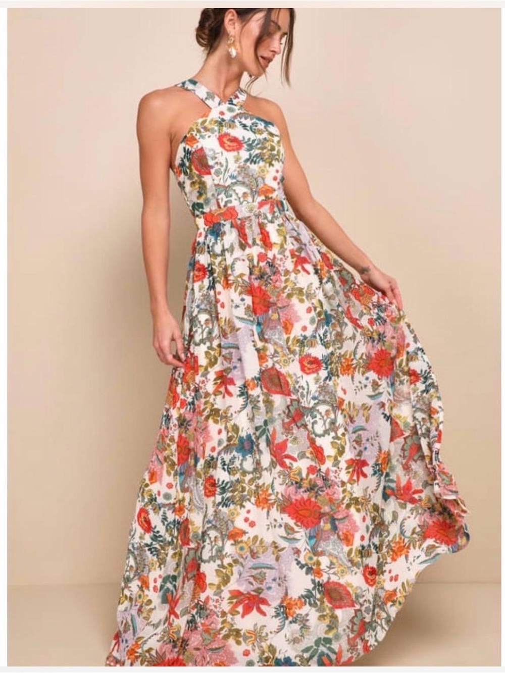 Lulu's White Halter Floral Maxi Dress with Coral and Green Bloom
